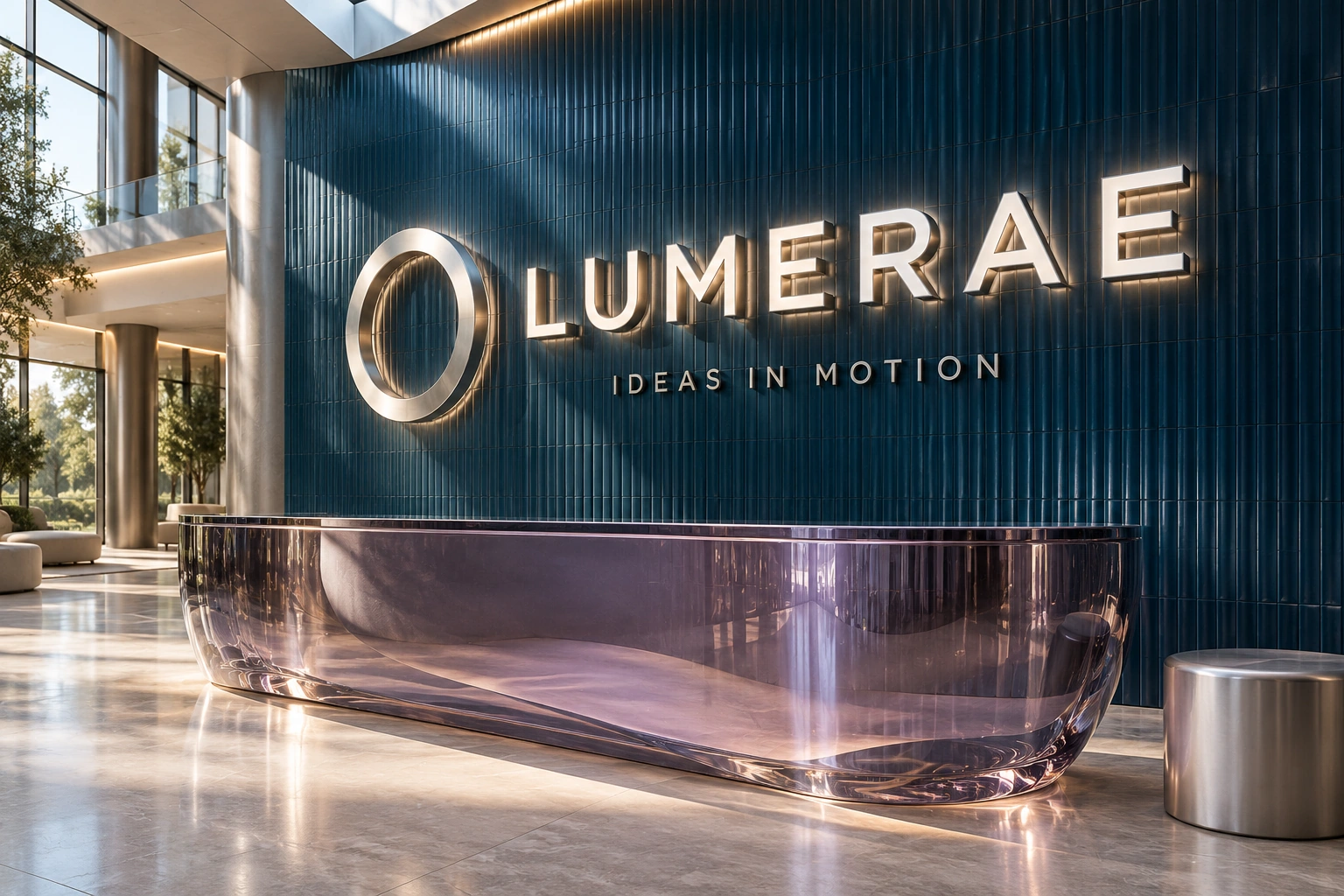 Lumerae illuminated lobby wordmark design presentation