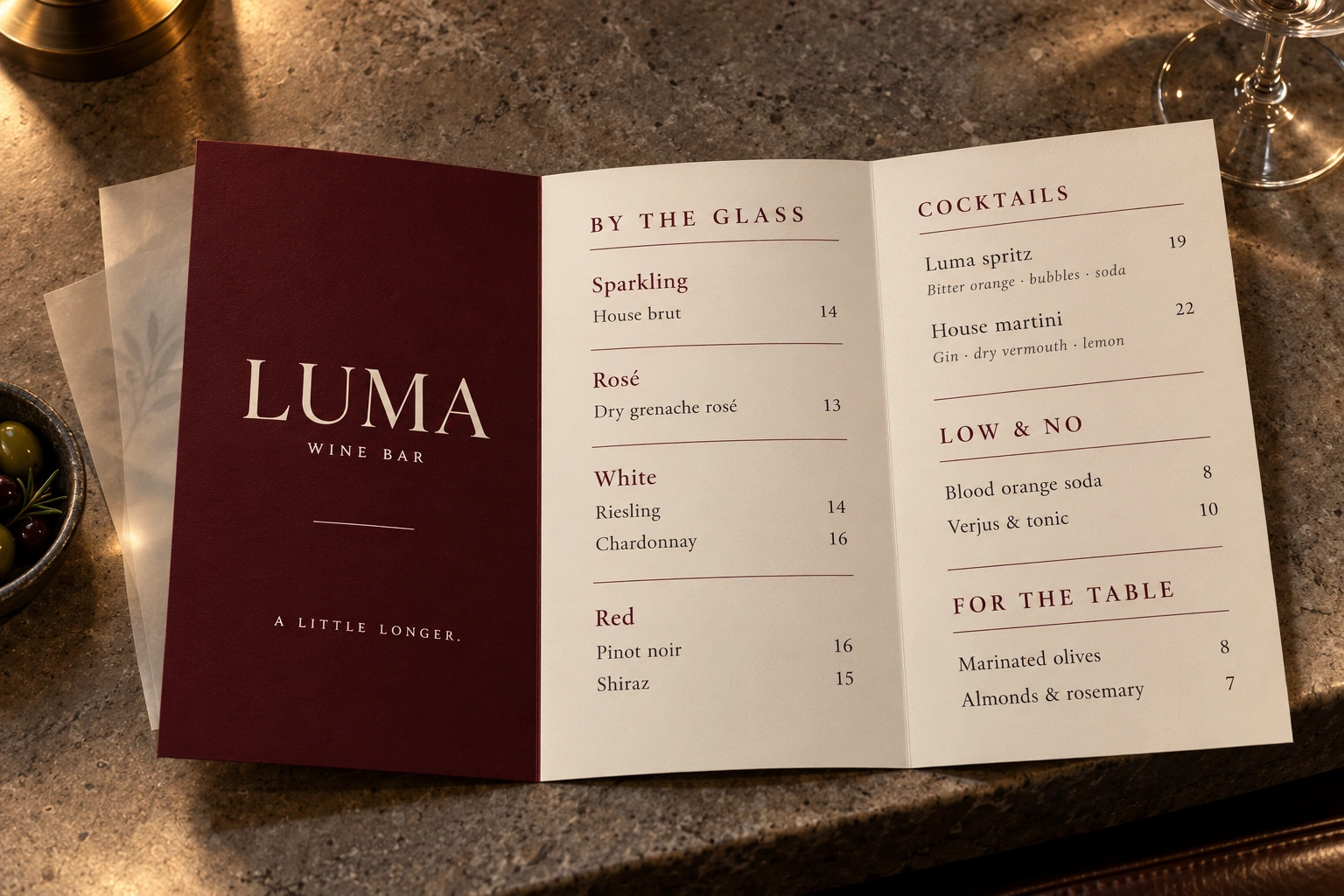 Luma · drinks foldout concept — fictional design concept