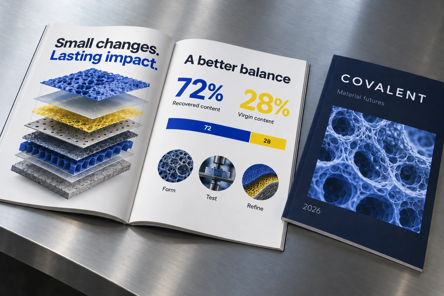 Covalent report design concept: open publication with explanatory diagrams and illustrative charts beside a navy cover
