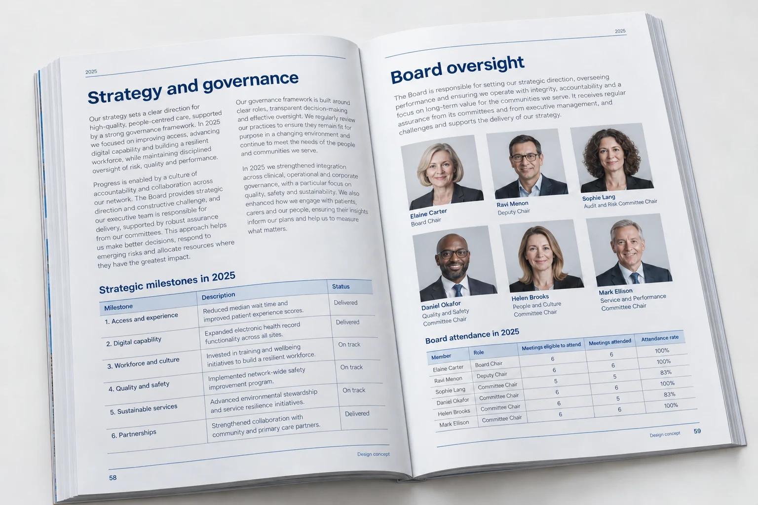 Halden Health Network · strategy and governance report concept — fictional design concept; sample content and figures are illustrative