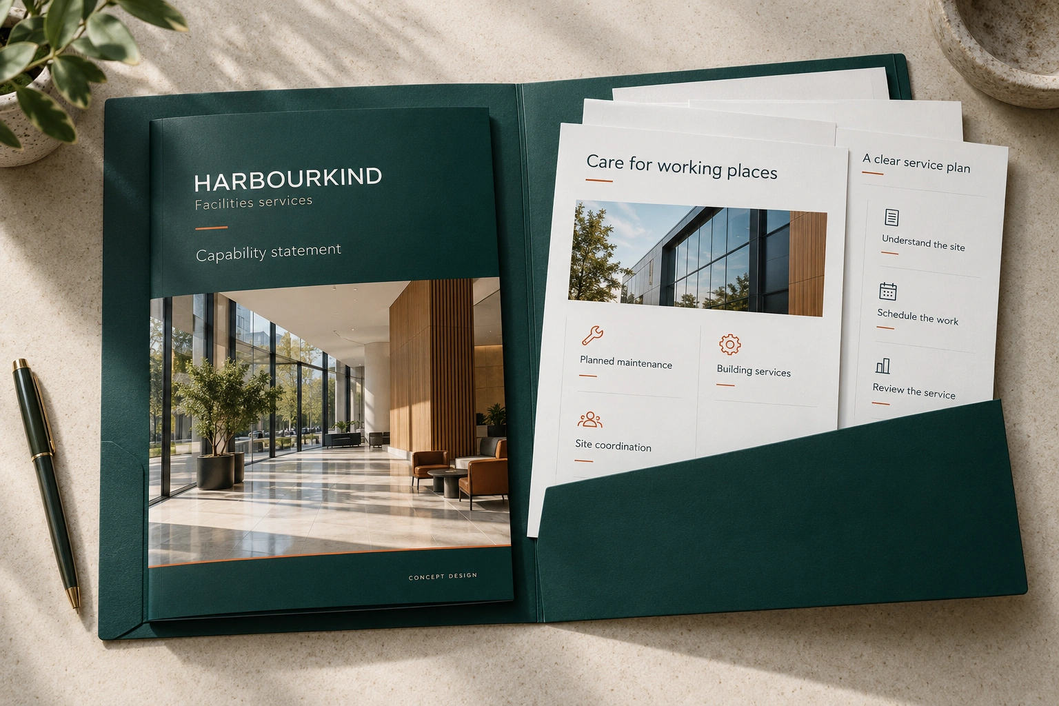 Harbourkind · facilities services capability statement concept — fictional concept design for private review