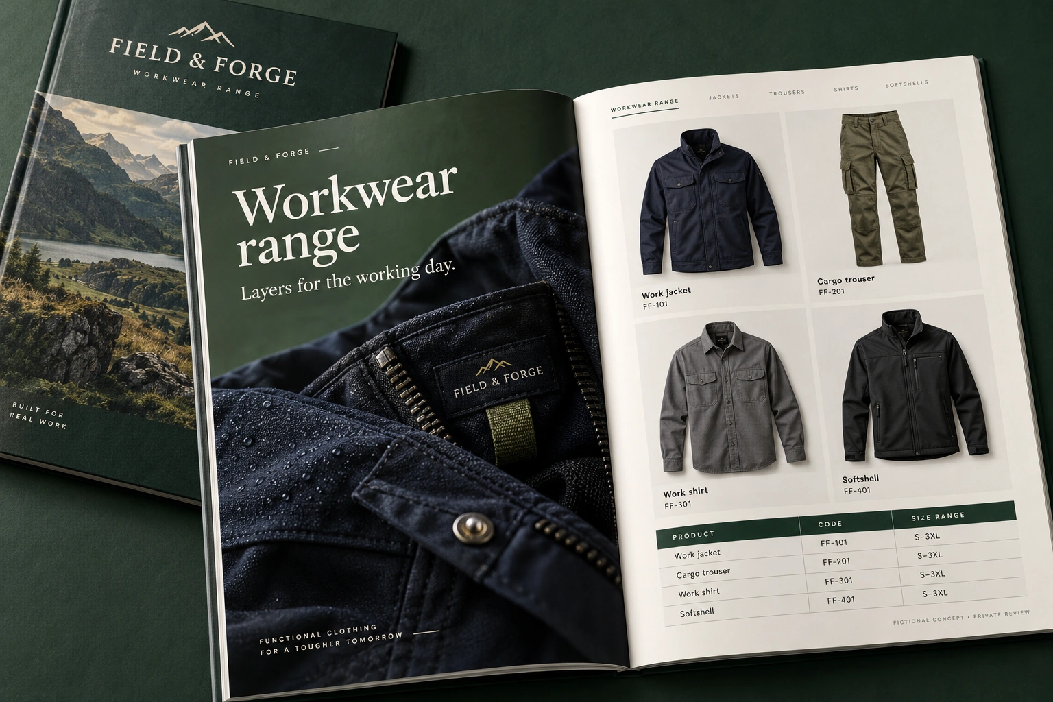 Field & Forge · workwear range catalogue concept — fictional concept design for private review