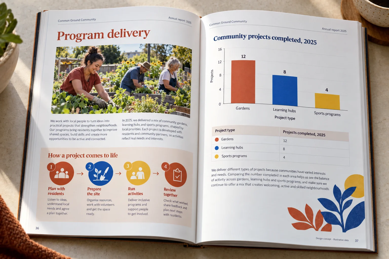 Common Ground Community · program delivery report concept — fictional design concept; sample content and figures are illustrative