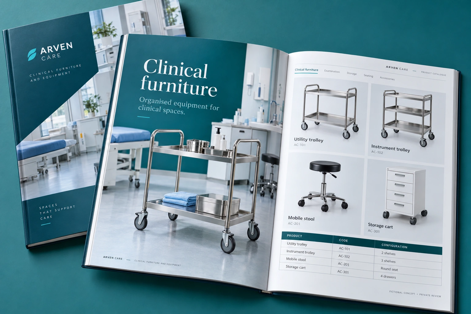 Arven Care · clinical furniture catalogue concept — fictional concept design for private review