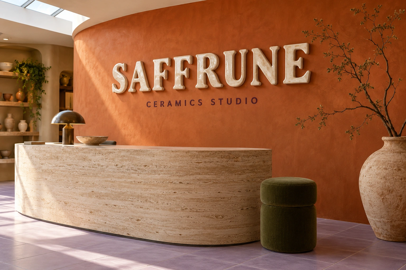 Saffrune ceramics dimensional reception sign design presentation