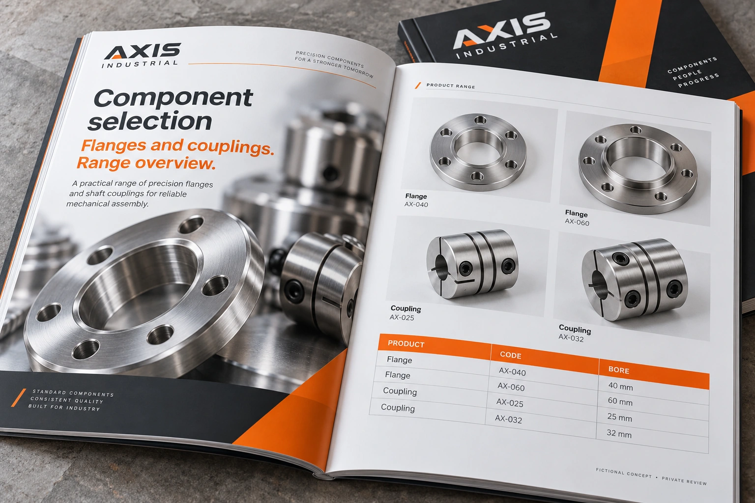 Axis Industrial · component selection catalogue concept — fictional concept design for private review