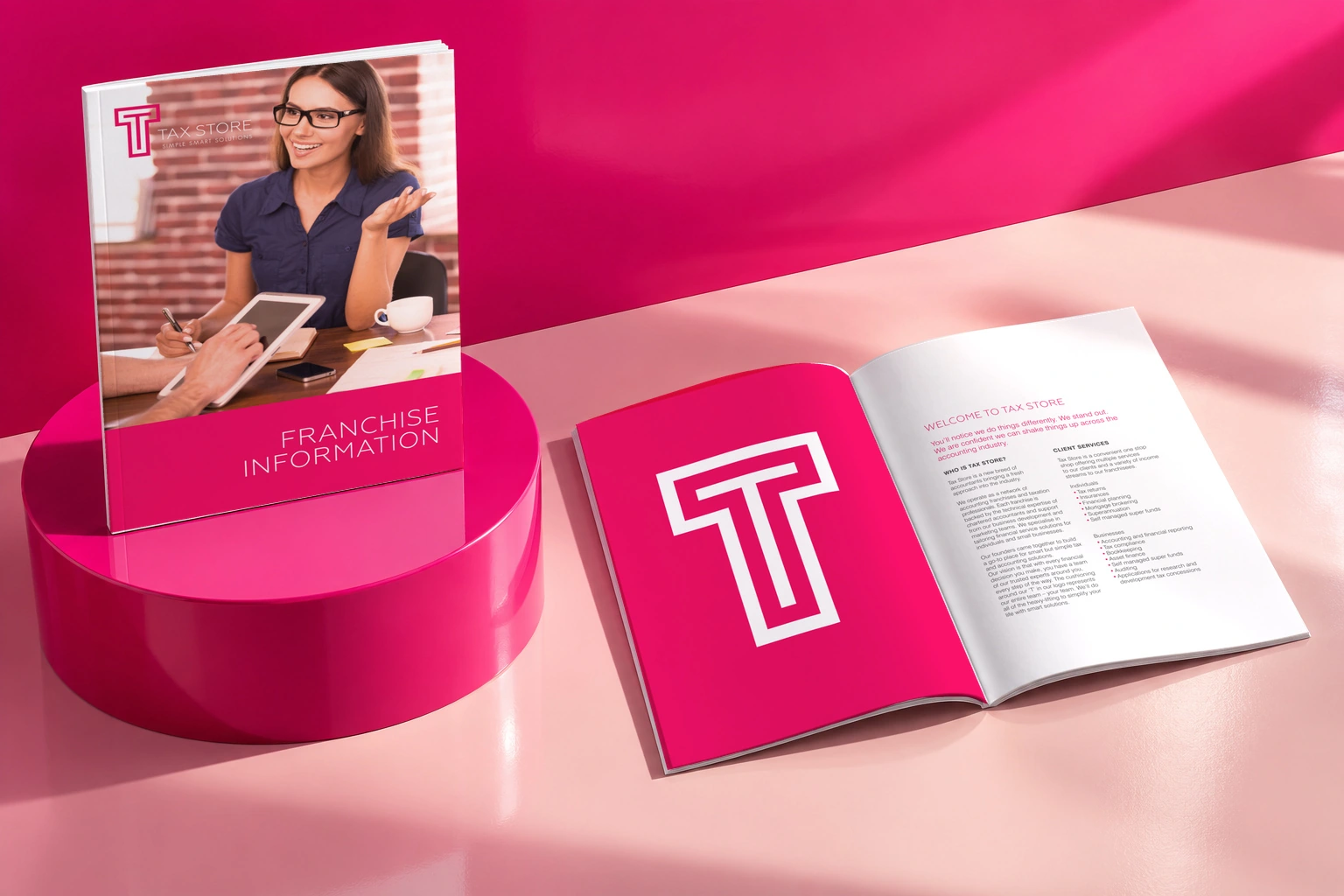 Tax Store franchise brochure design presentation with the full cover and inner pages