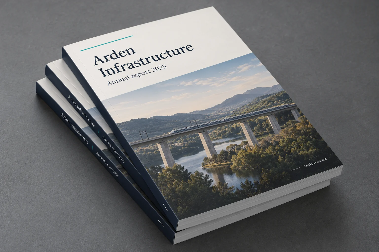 Arden Infrastructure · cover and binding report concept — fictional design concept; sample content and figures are illustrative