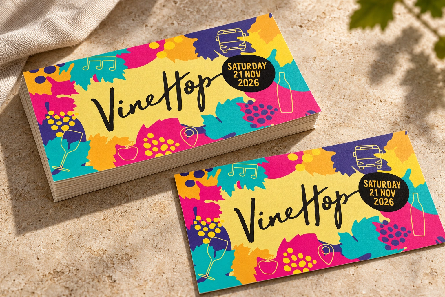 VineHop 2026 · promotional postcard mockup — real vinehop artwork · physical mockup