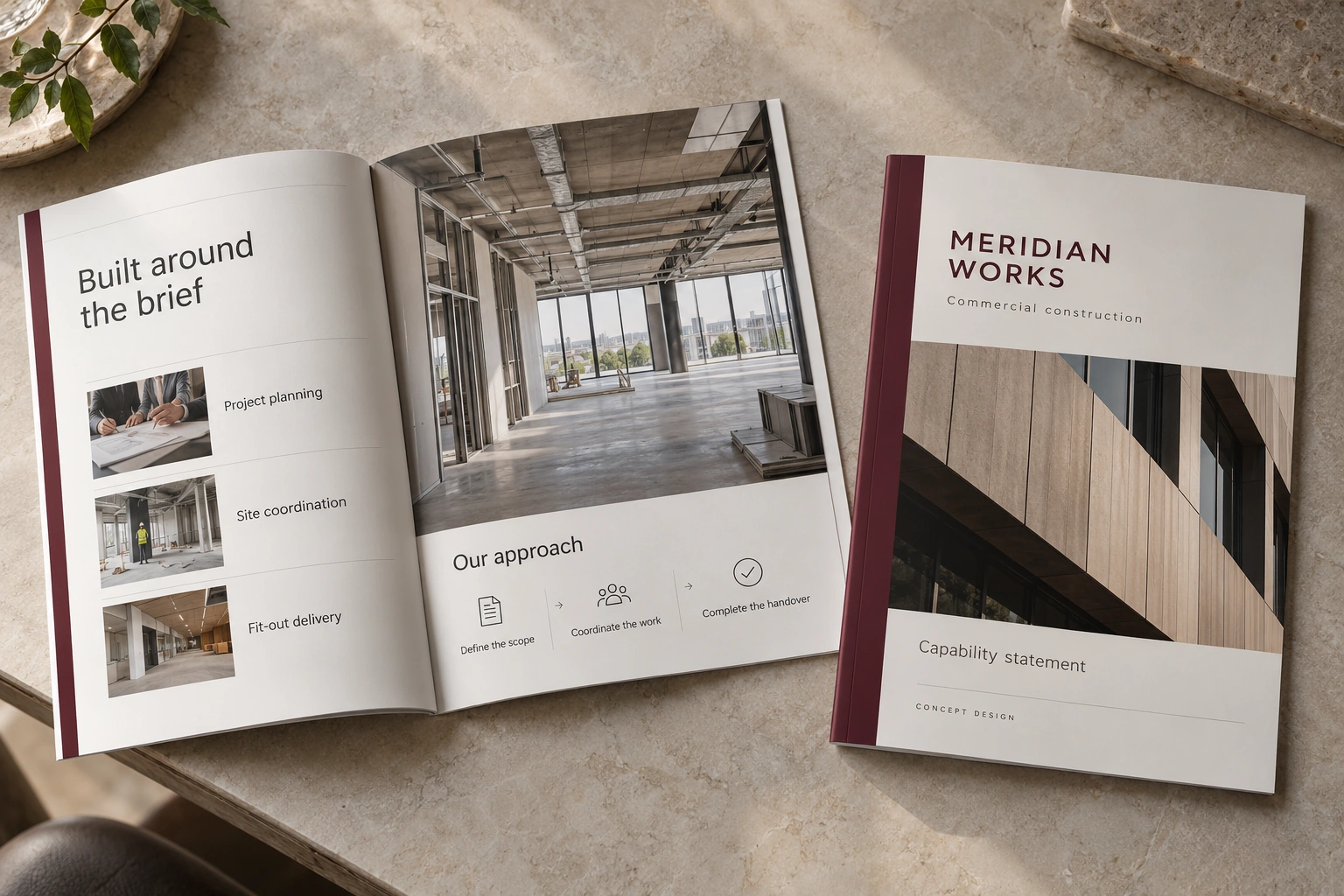 Meridian Works · commercial construction capability statement concept — fictional concept design for private review