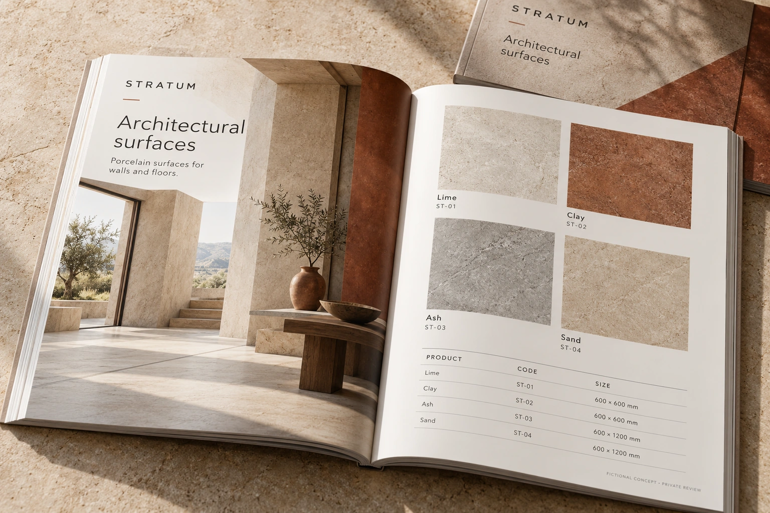 Stratum · architectural surfaces catalogue concept — fictional concept design for private review