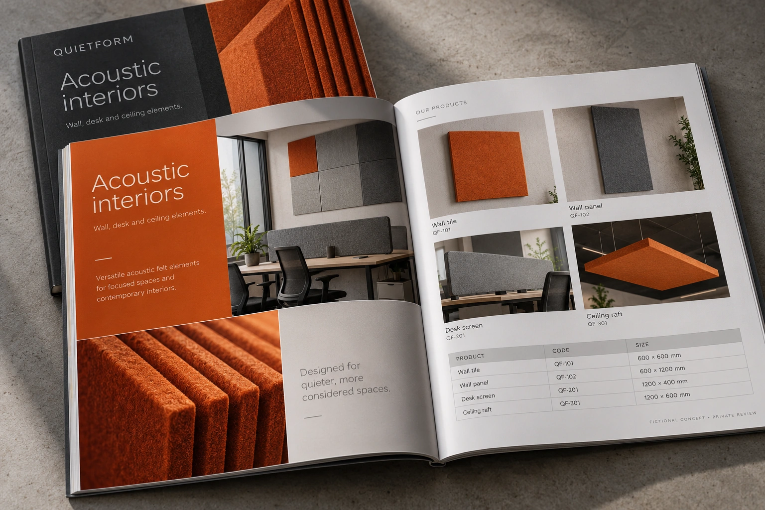 Quietform · acoustic interiors catalogue concept — fictional concept design for private review