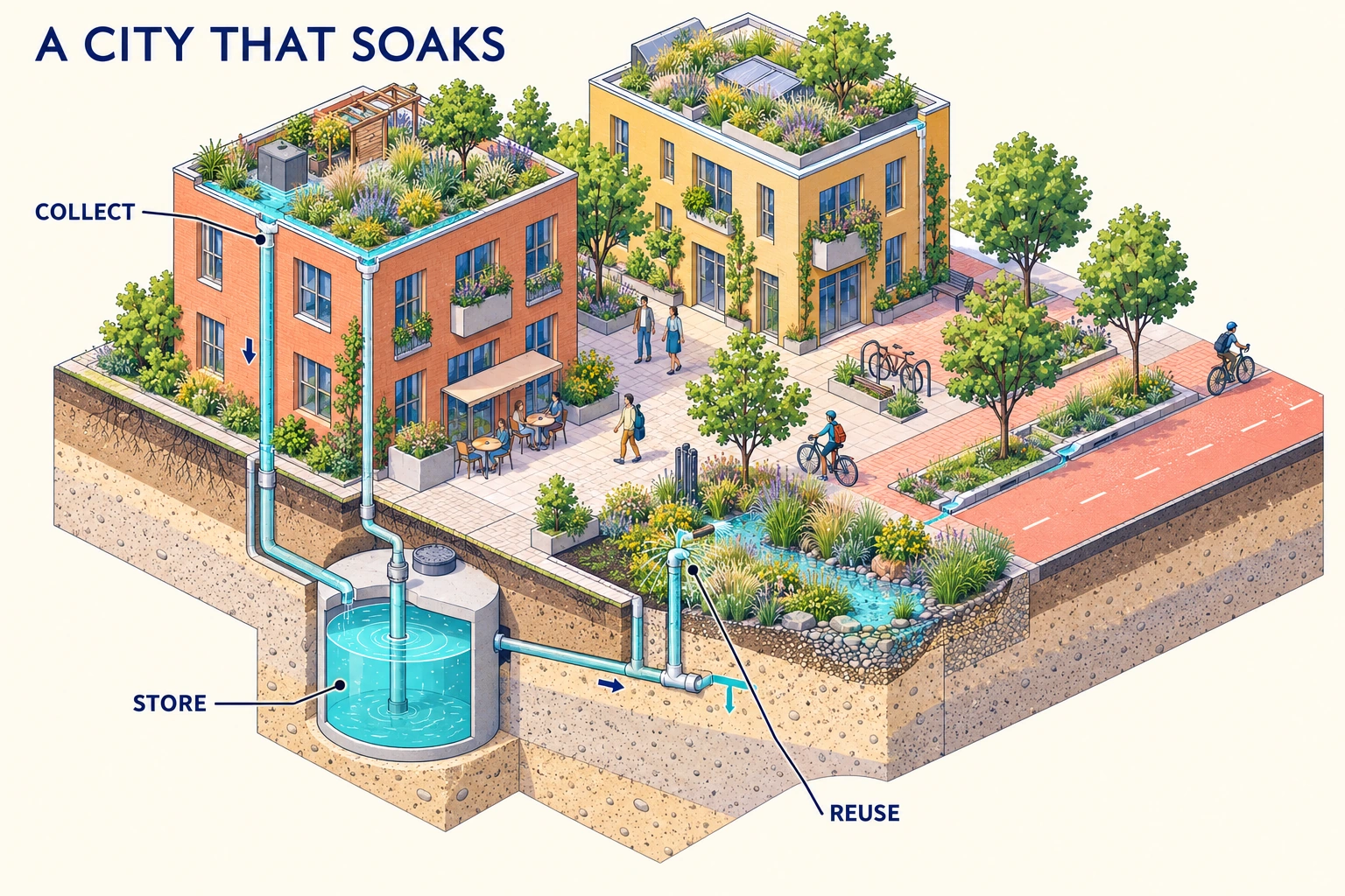 Isometric rainwater city explainer design presentation