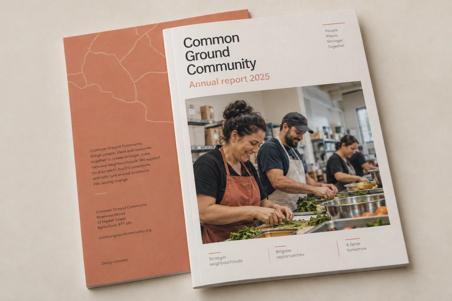 Common Ground Community · cover and back cover report concept — fictional design concept; sample content and figures are illustrative