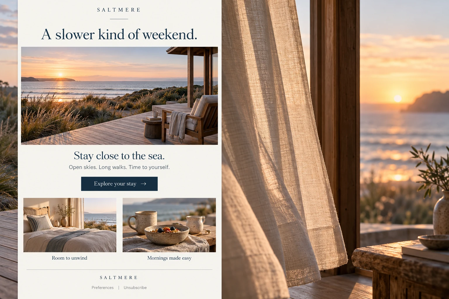 SALTMERE Hospitality email campaign design mockup