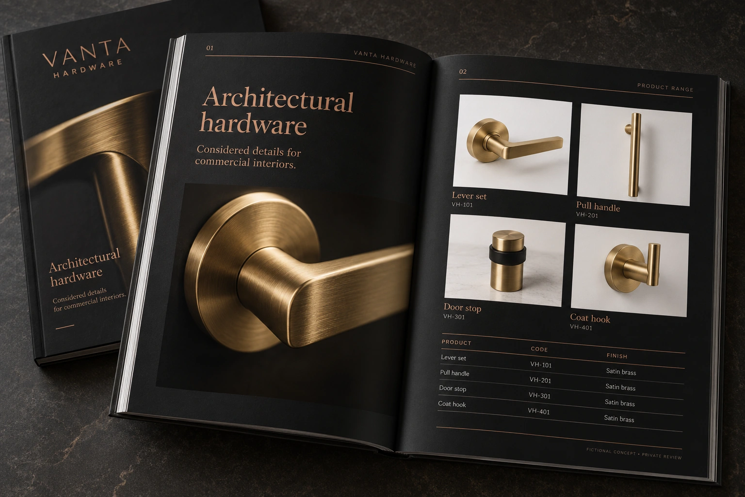 Vanta Hardware · architectural hardware catalogue concept — fictional concept design for private review