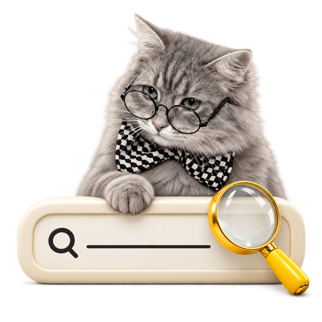 Grendesign’s wise cat investigating a search window with a magnifying glass